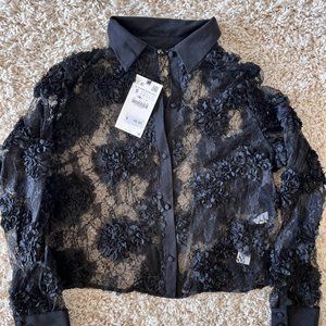 Sheer Black Lace Sheer Button-Up Long Sleeve Top